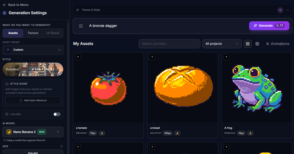 SpriteCook.ai sprite generation dashboard showing pixel art editor and output grid